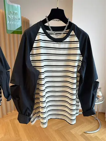 韩国韩版设计感小众宽松复古插肩袖条纹长袖t恤女减龄百搭上衣秋商品大图