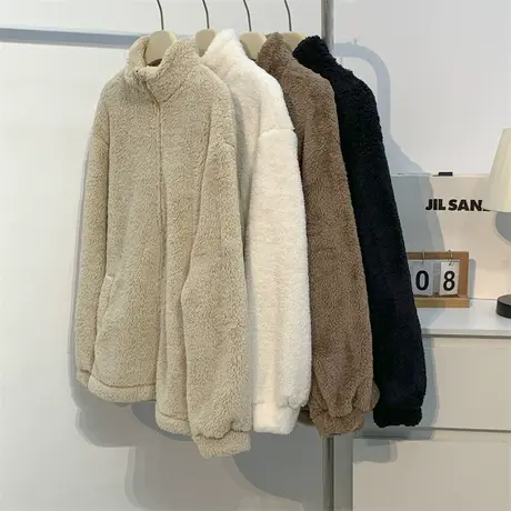 仿兔毛拉链衫外套女卫衣秋冬双面毛绒绒立领宽松白色上衣外套女商品大图