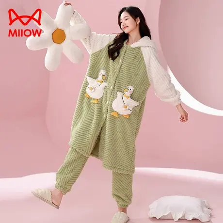 猫人睡袍珊瑚绒秋冬款2023新款睡衣女加绒加厚可爱熊猫家居服套装图片