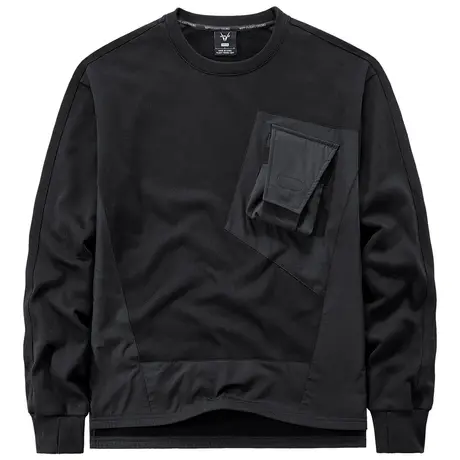 VIP机能拼接黑色圆领卫衣男春秋重磅纯棉运动长袖t恤设计感上衣潮商品大图