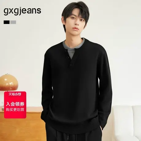 gxg.jeans男装 黑色假两件半开襟休闲毛衣针织衫男 25年春新品图片