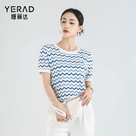 【娅丽达商场同款2025夏款】时尚圆领撞色波浪条纹短袖针织衫女商品大图