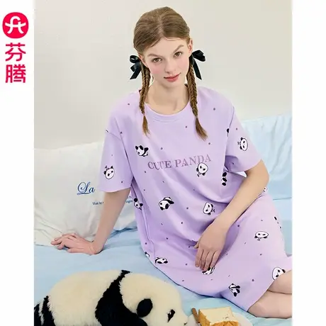 芬腾睡裙女士夏季薄款短袖睡衣中裙女款卡通甜美宽松休闲家居服图片