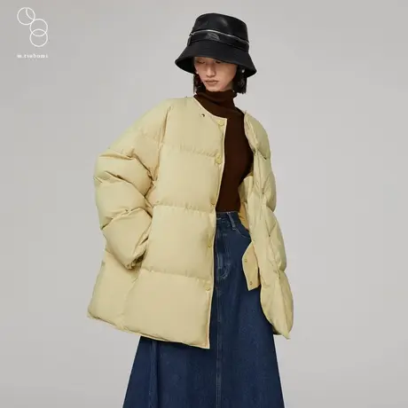 m.tsubomi/子苞米中长款翻领羽绒服2023冬季新款雾黄色鹅绒外套女商品大图