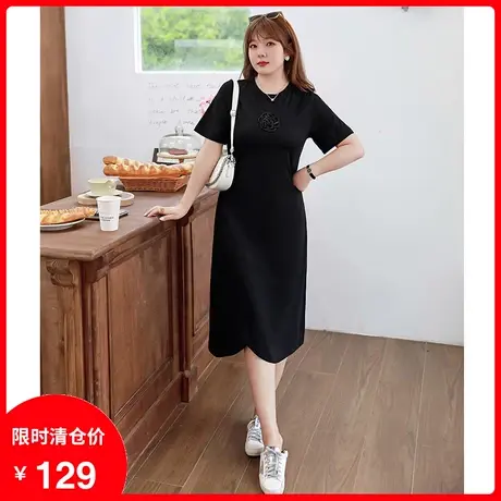 显瘦大码胖MM针织连衣裙黑色针珠不规则下摆直筒裙2023年夏季新款商品大图