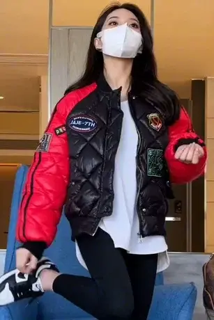 圆领棉服女2023冬季新款宽松百搭长袖棉袄拉链时尚洋气拼色棉衣潮商品大图