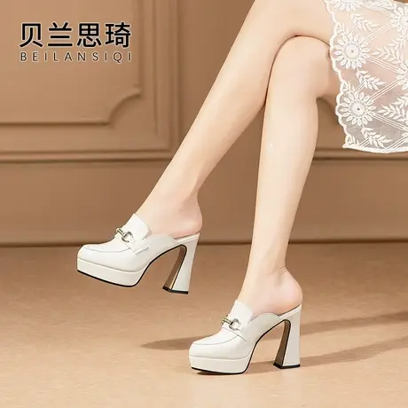 真皮圆头厚底外穿粗跟包头凉拖鞋女2025春秋百搭舒适防水台高跟鞋商品大图