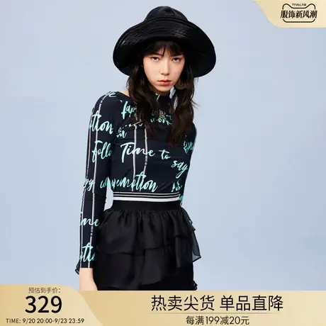 RIENYRE长袖女春秋针织衫挂脖式字母印花显瘦长袖辣妹打底衫上衣商品大图