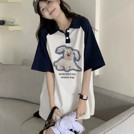 美式学院风Polo领体恤女oversize大码插肩袖T恤上衣ins潮复古短袖图片