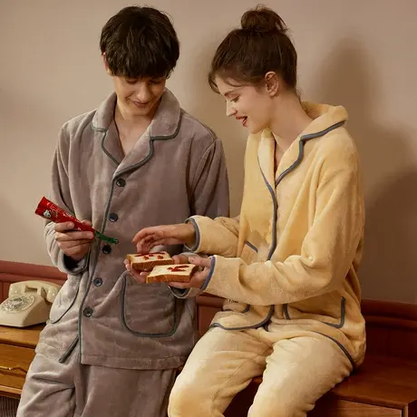 安之伴珊瑚绒睡衣情侣男女款可外穿秋冬季加绒加厚保暖家居服套装商品大图