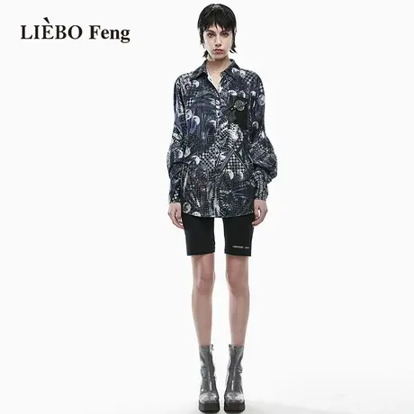 裂帛LIEBOFeng商场同款2023年春新国潮复古印花港风甜酷雪纺衬衫图片