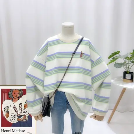 卫衣女春秋薄款2022新款条纹宽松大码休闲长袖透气显瘦ins套头潮图片