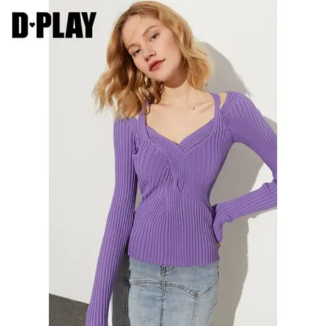 DPLAY年春新款时尚性感大V领挂脖设计薰衣草紫纽结针织衫商品大图
