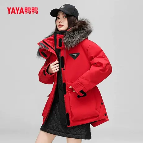 鸭鸭羽绒服女士2025冬季新品中长款连帽狐狸毛领时尚保暖鸭绒外套商品大图