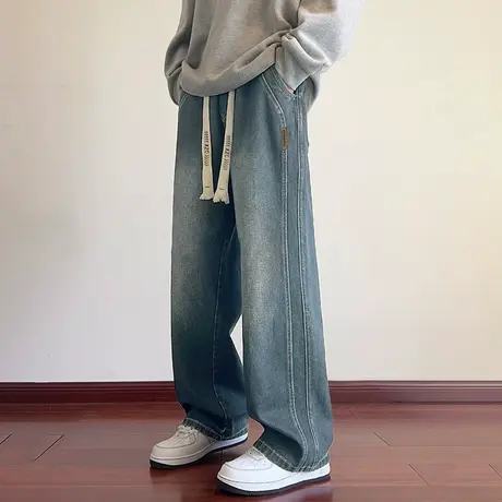 唐狮24秋冬季新款牛仔裤男侧分割直筒抽绳阔腿宽松潮流时尚长裤W图片