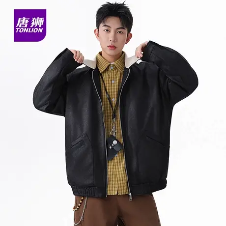 唐狮皮衣男士秋冬季新款美式复古机车pu皮夹克宽松外套上衣服潮AP商品大图