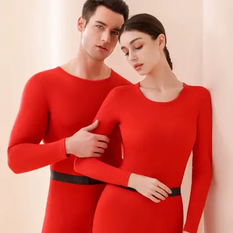 本命年羊毛蚕丝德绒保暖内衣男女大红色加绒加厚结婚秋衣秋裤套装图片