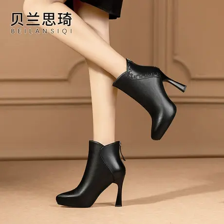 真皮尖头厚底细跟短靴女2024秋冬季新款百搭防水台高跟时装靴子商品大图