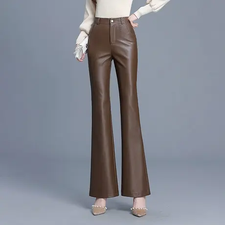 气质显瘦微喇叭裤PU皮裤子春秋季女新款高腰垂感修身长裤休闲裤商品大图