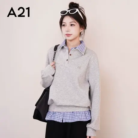 A21女装拼接假两件宽松圆领落肩套头卫衣商品大图
