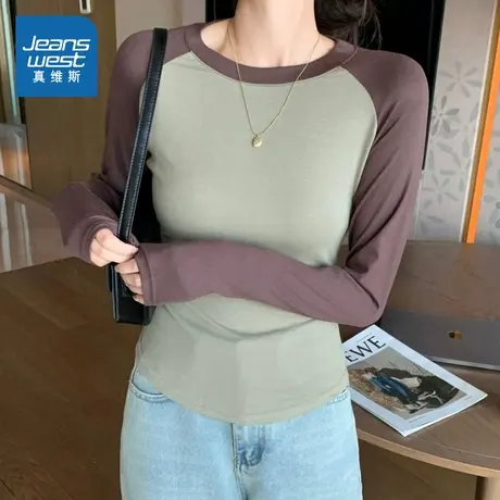 LE真维斯女装圆领拼色修身显瘦T恤2025秋季新品女式通勤长袖上衣商品大图