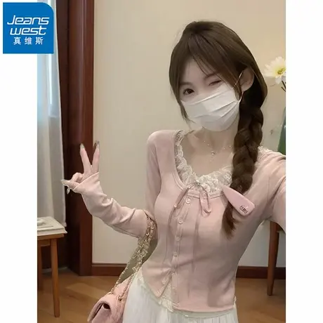 NR真维斯秋季bm风蕾丝单排扣假两件长袖打底衫T恤上衣针织衫女ins商品大图