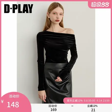 DPLAY2025年秋季新款黑色t恤女独特露肩修身打底衫长袖斜肩上衣商品大图
