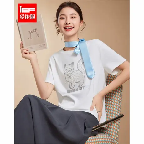 IEF/爱依服2025秋季新款韩版时尚亮片小猫印花休闲通勤百搭T恤女商品大图