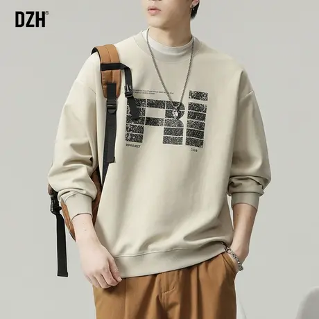 男士美式圆领卫衣男春秋季重磅杏色上衣宽松情侣秋装男款潮牌外套商品大图