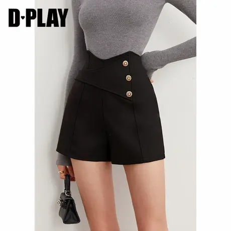 DPLAY【惠品】秋新简约风黑色金属纽扣装饰高腰A字阔腿短裤商品大图