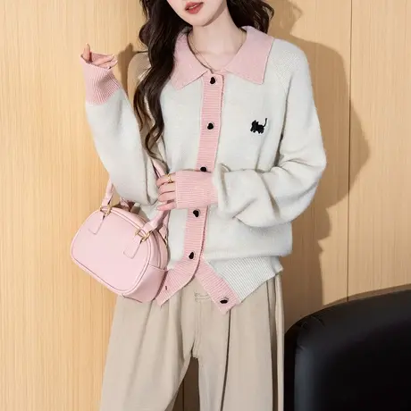 唐狮秋冬毛衣女撞色翻领设计精致刺绣针织开衫春秋外套高级感tu商品大图