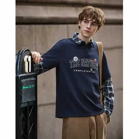 唐狮男款长袖polo春秋新款假两件字母印花设计感独特翻领上衣TM图片