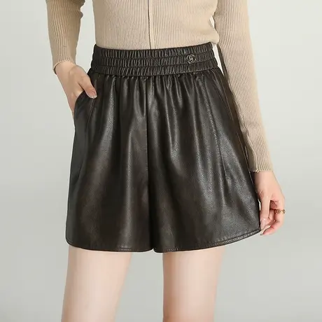 松紧腰咖色皮短裤女秋冬2023新款百搭时尚阔腿皮裤显瘦休闲靴裤潮商品大图