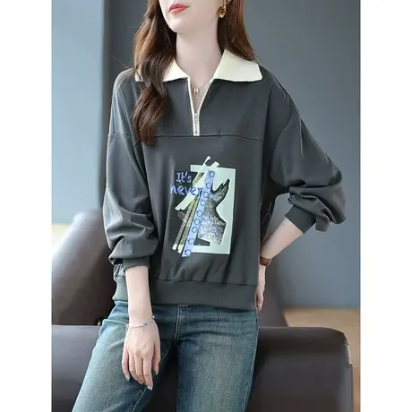 宝诗黎翻领拼接印花落肩长袖宽松卫衣女秋季百搭棉质上衣2023新款商品大图