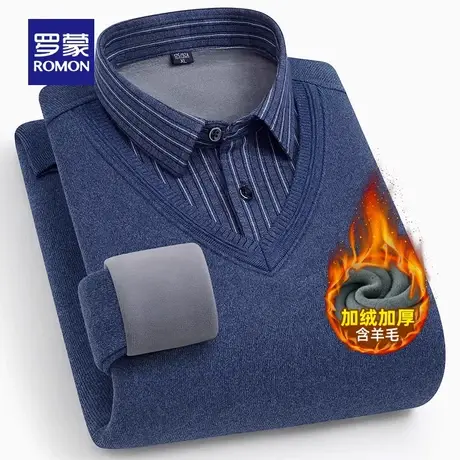 【含羊毛加绒保暖】罗蒙男士商务假两件针织衫2023秋季新款毛衣男图片