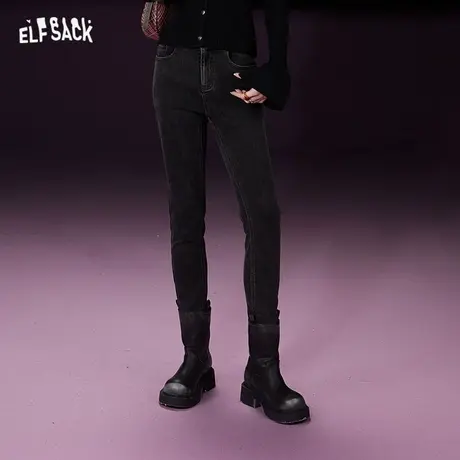 妖精的口袋高腰复古牛仔裤女2023冬季新款小个子修身水洗显瘦长裤图片