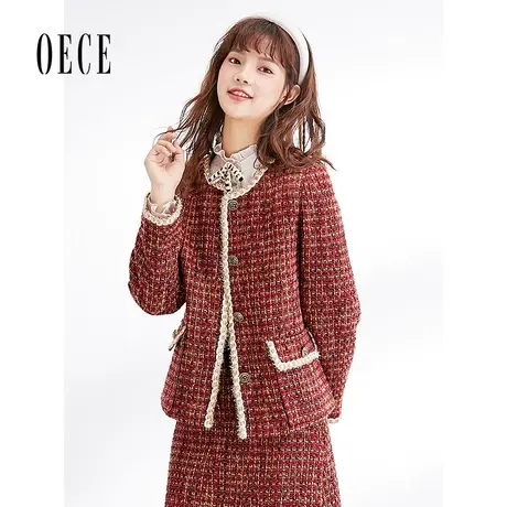 Oece冬装新款女装 气场法式复古格纹气质粗花呢外套小个子图片
