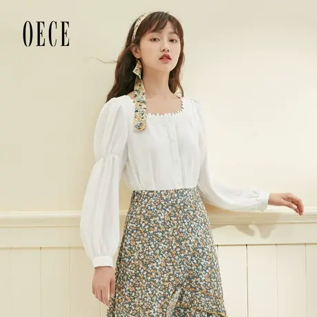 Oece春装女装 温柔治愈法式云朵白复古花边方领长袖上衣图片
