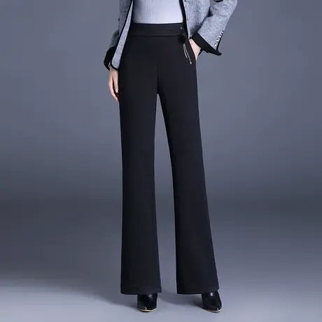 黑色毛呢筒喇裤女2023秋冬新款高腰气质显腿长显瘦厚款喇叭长裤子图片