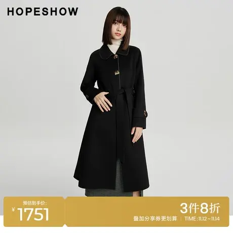 红袖outlets撞色条翻领长款大衣hopeshow2023冬款单排扣毛呢外套图片