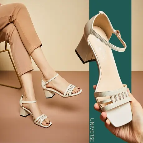 清仓夏季粗跟露趾真皮凉鞋女夏一字扣带欧美时尚高跟鞋女K102商品大图