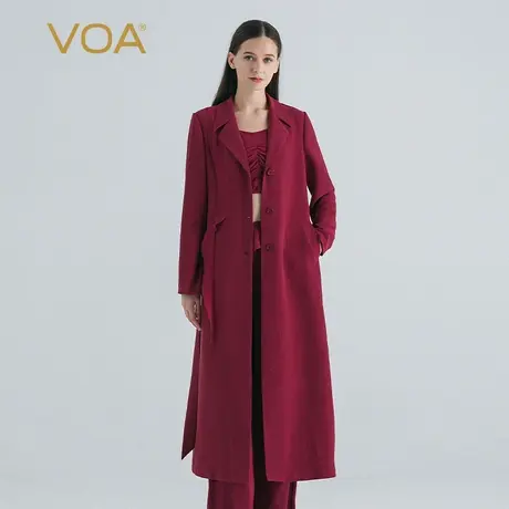 VOA豆沙红40姆米鬼纡重磅厚桑蚕丝平驳领长袖绑带真丝风衣秋冬款图片