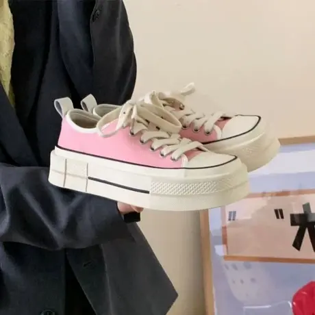 方头帆布鞋子女夏厚底2023年新款平底单鞋休闲板鞋学生增高小白鞋图片