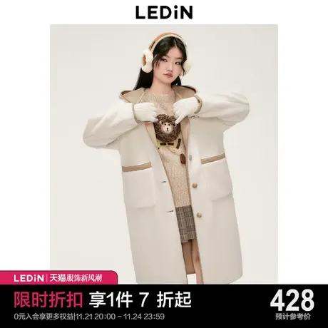 乐町仿羊羔毛长款连帽大衣女2023秋冬新款米白色加厚保暖外套图片