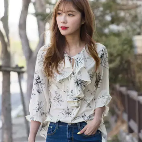 桔熊春秋季法式复古浪漫印花荷叶边翻领中袖宽松上衣女大码AB6078图片