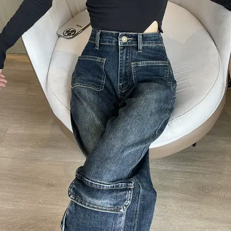 美式高街多口袋牛仔阔腿裤女秋季新款高腰显瘦宽松百搭窄版直筒裤商品大图