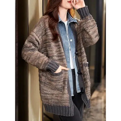 宝诗黎牛仔拼接假两件针织开衫2023春秋季新款时尚设计感宽松外套商品大图