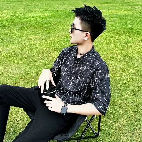 夏季短袖衬衫半袖休闲薄款韩版痞帅时尚个性发型师花色五分袖衬衣商品大图