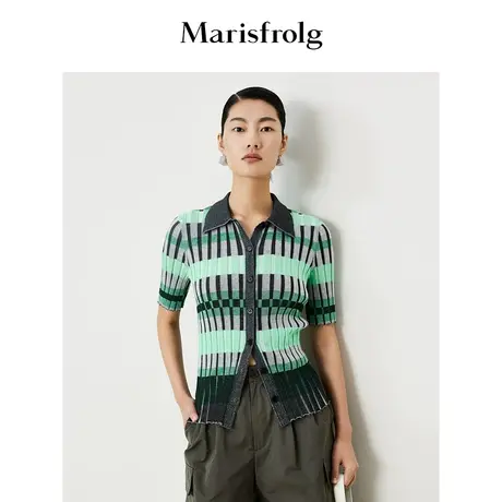 【商场同款】玛丝菲尔2023年夏季新款气质翻领修身条纹针织开衫商品大图