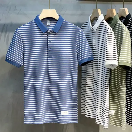 珠地棉条纹短袖T恤男夏季薄款男士翻领POLO衫修身轻商务休闲上衣商品大图